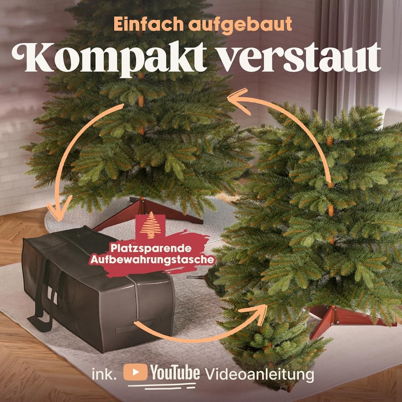 Pure Living Premium Műfenyő 150 cm - Élethű Nordmann Fenyő Sűrű Ágakkal, Fa Állvánnyal és Tárolózsákkal, Lángálló, Tűleveleket Nem Hullató