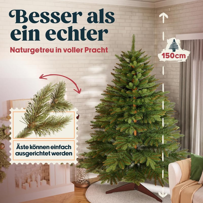 Pure Living Premium Műfenyő 150 cm - Élethű Nordmann Fenyő Sűrű Ágakkal, Fa Állvánnyal és Tárolózsákkal, Lángálló, Tűleveleket Nem Hullató
