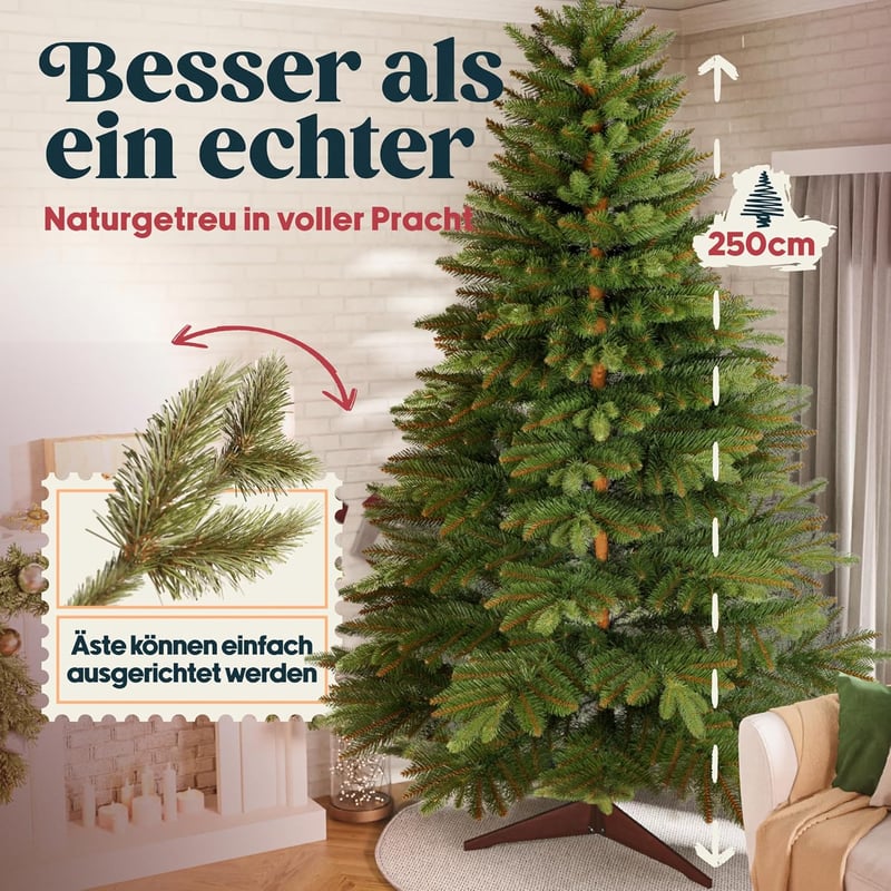 Pure Living Premium Műfenyő 250 cm - Élethű Nordmann Fenyő Sűrű Ágakkal, Fa Állvánnyal és Tárolózsákkal, Tűzbiztos PVC/PE Anyagból