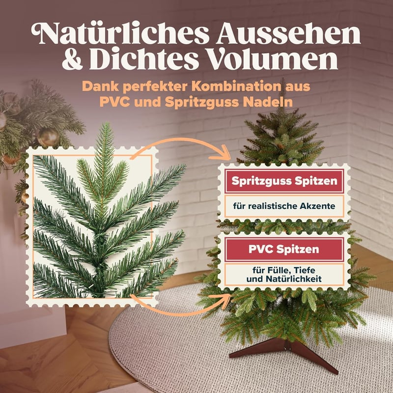 Pure Living Premium Műfenyő 150 cm - Élethű Nordmann Fenyő Sűrű Ágakkal, Fa Állvánnyal és Tárolózsákkal, Lángálló, Tűleveleket Nem Hullató