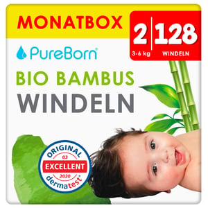 PureBorn 128 scutece mărimea 2 (3-6 kg) – Scutece din bambus ultrasorbante, hipoalergenice și moi pentru bebeluși, testate dermatologic, fără scurgeri