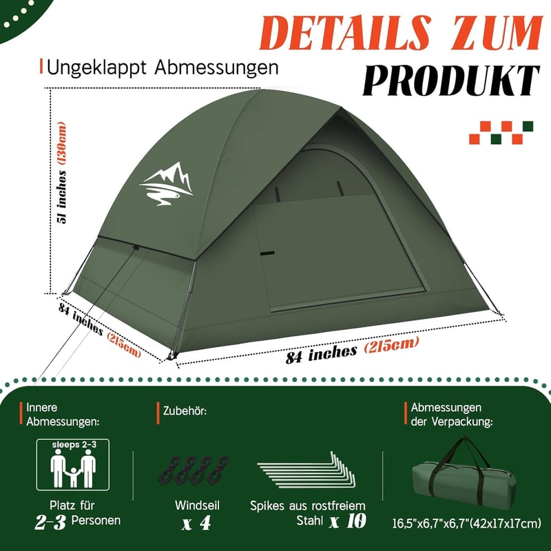 Purebox 2-3 személyes ultralight sátor, vízálló és szélálló kempingezéshez, trekking túrákhoz - Army Green, L