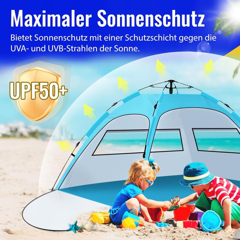 Purebox Automata Strandsátor 2-4 Személyes - UV50+ Védelem, Kétrétegű Szellőzés, Dupla Ajtós Tengerparti Sátor Kempingezéshez, Kertbe, Túráz