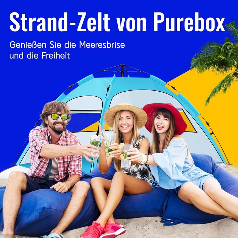 Purebox Automata Strandsátor 2-4 Személyes - UV50+ Védelem, Kétrétegű Szellőzés, Dupla Ajtós Tengerparti Sátor Kempingezéshez, Kertbe, Túráz