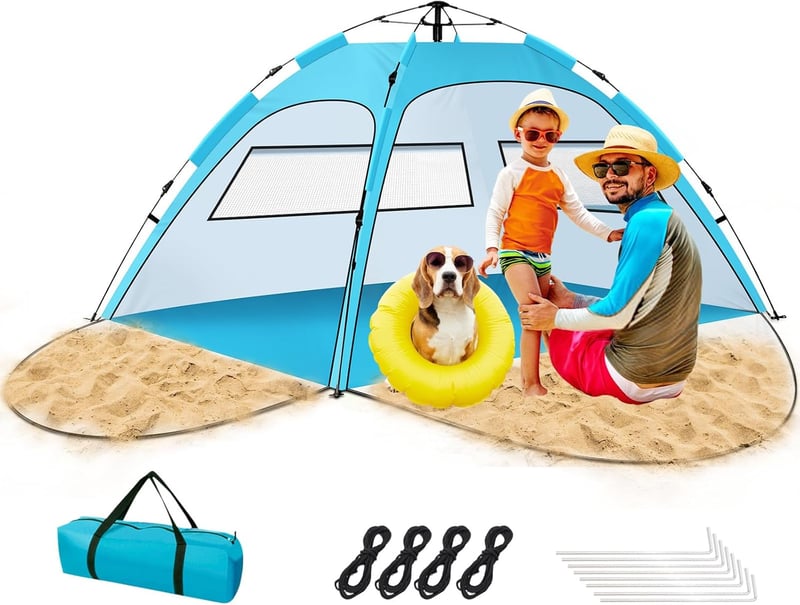 Purebox Automata Strandsátor 2-4 Személyes - UV50+ Védelem, Kétrétegű Szellőzés, Dupla Ajtós Tengerparti Sátor Kempingezéshez, Kertbe, Túráz