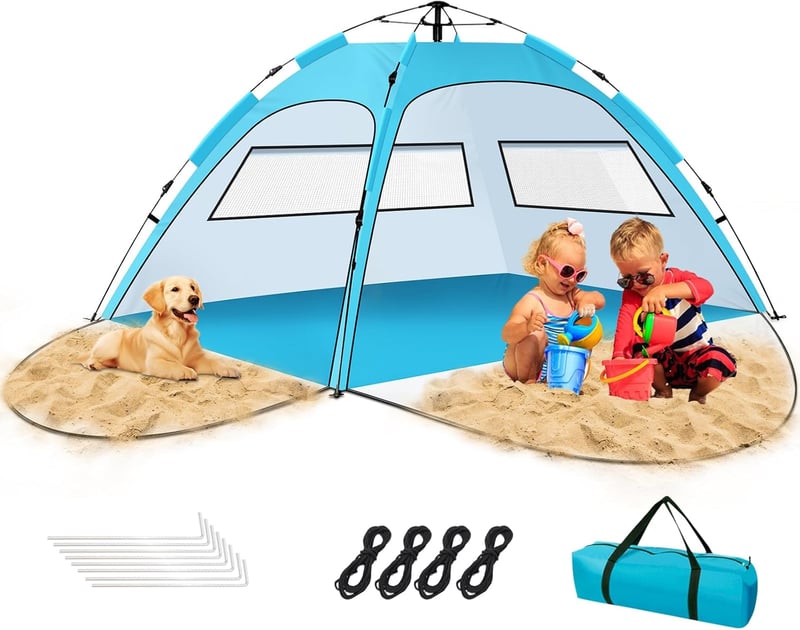 Purebox Automata Strandsátor 2-4 Személyes - UV50+ Védelem, Kétrétegű Szellőzés, Dupla Ajtós Tengerparti Sátor Kempingezéshez, Kertbe, Túráz
