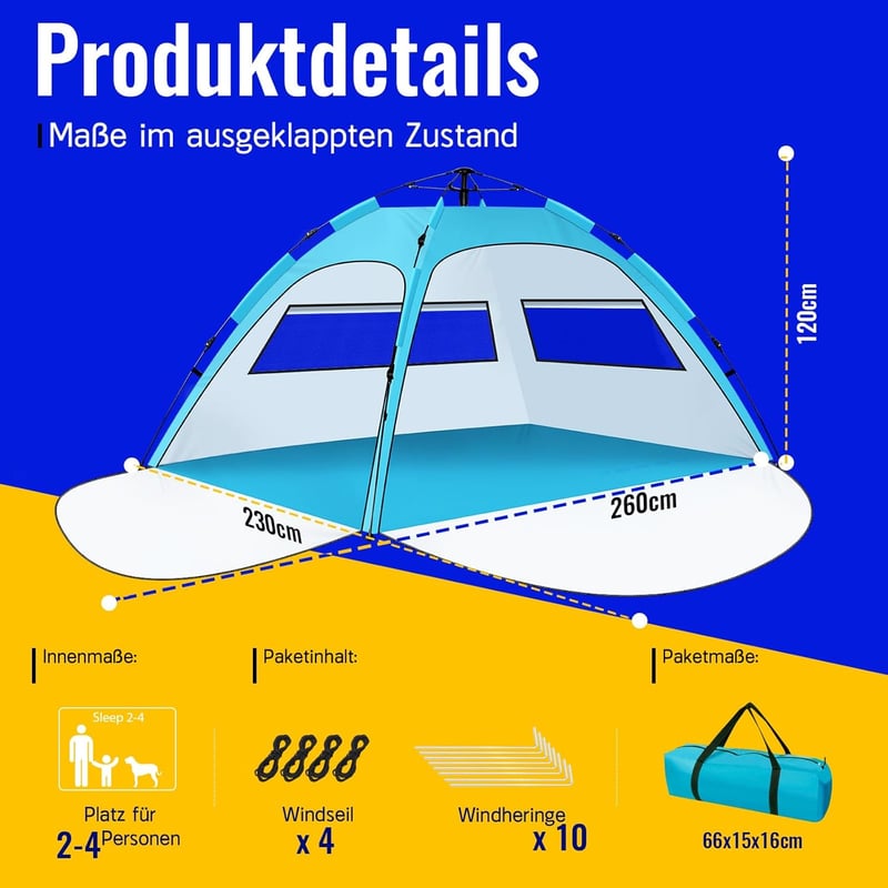 Purebox Automata Strandsátor 2-4 Személyes - UV50+ Védelem, Kétrétegű Szellőzés, Dupla Ajtós Tengerparti Sátor Kempingezéshez, Kertbe, Túráz