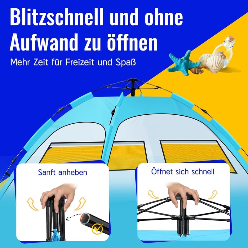 Purebox Automata Strandsátor 2-4 Személyes - UV50+ Védelem, Kétrétegű Szellőzés, Dupla Ajtós Tengerparti Sátor Kempingezéshez, Kertbe, Túráz