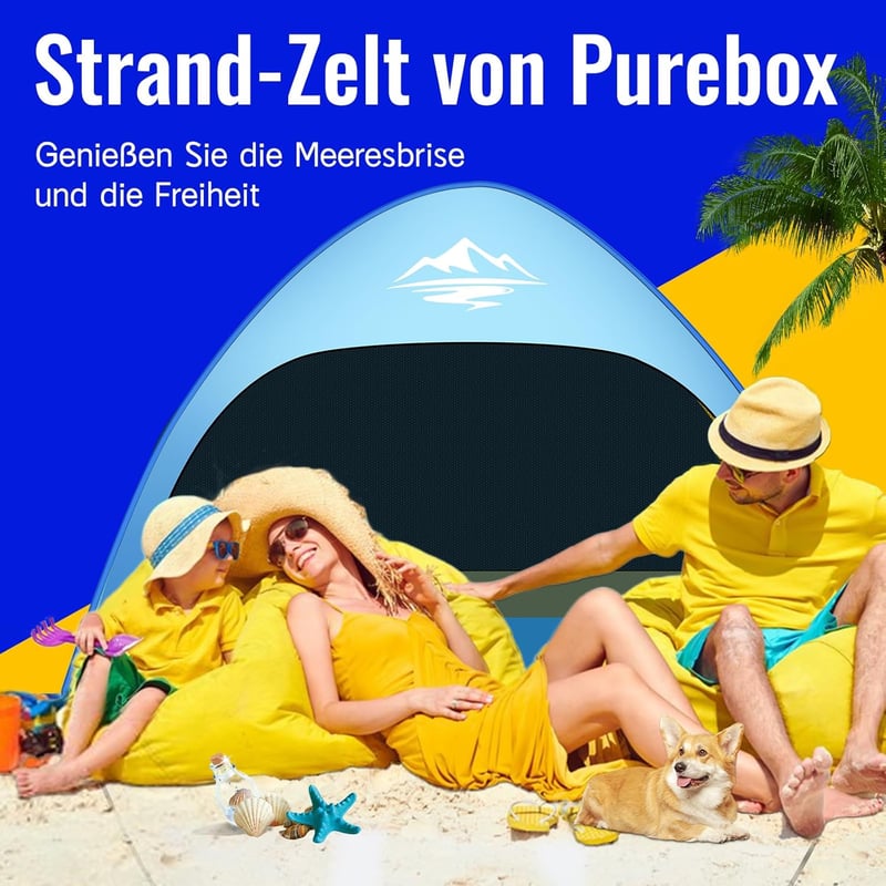Purebox Pop Up Strand Sátor 3-4 Személyes, UPF 50+ UV Védelemmel, Automatikus Hordozható Napvédő, Kempingezéshez, Családi Kiránduláshoz, Ker