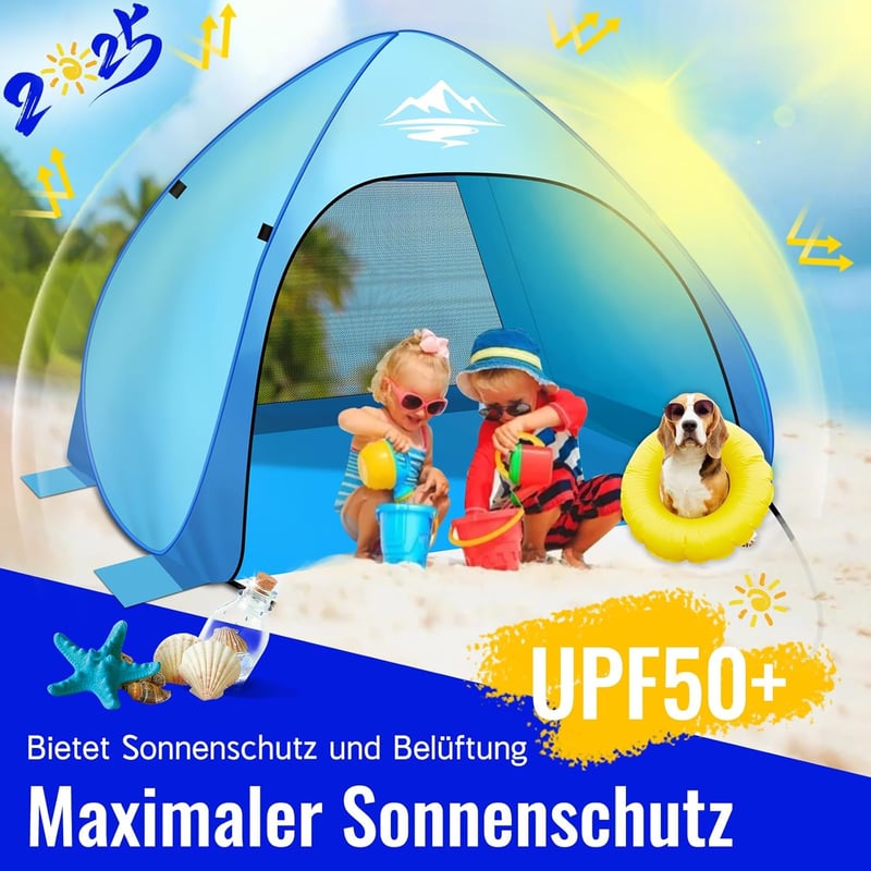 Purebox Pop Up Strand Sátor 3-4 Személyes, UPF 50+ UV Védelemmel, Automatikus Hordozható Napvédő, Kempingezéshez, Családi Kiránduláshoz, Ker