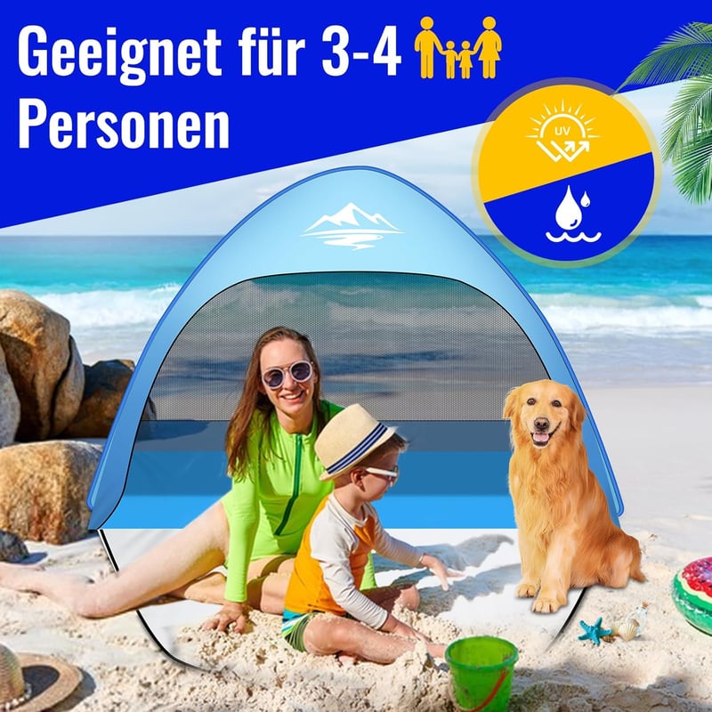 Purebox Pop Up Strand Sátor 3-4 Személyes, UPF 50+ UV Védelemmel, Automatikus Hordozható Napvédő, Kempingezéshez, Családi Kiránduláshoz, Ker