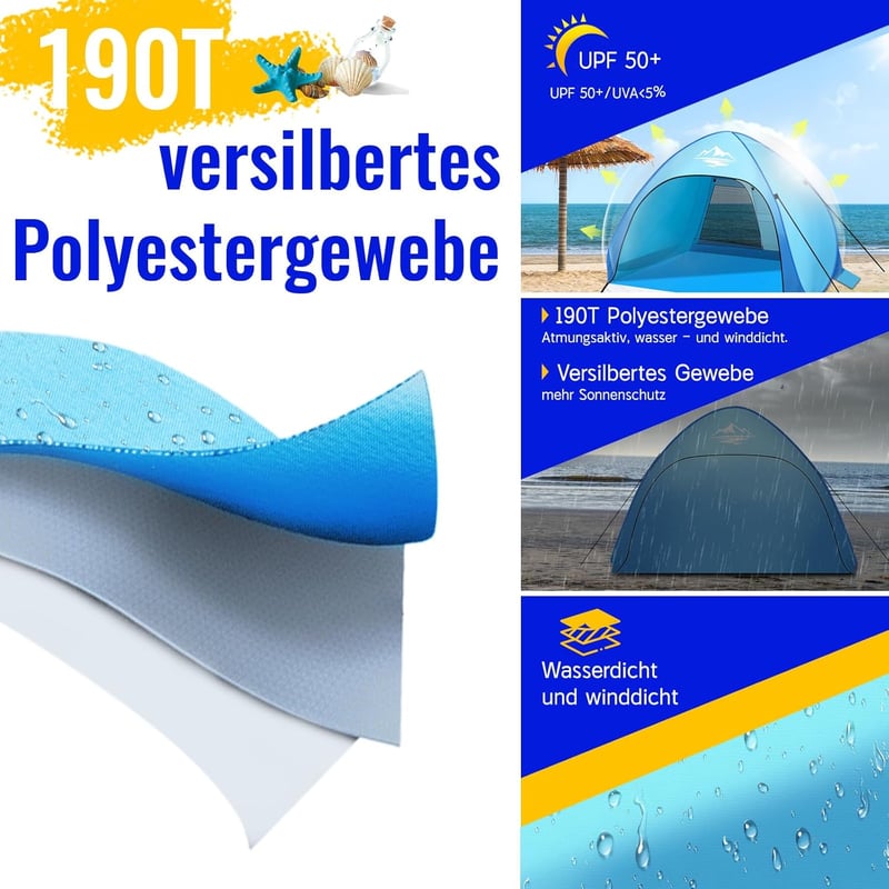 Purebox Pop Up Strand Sátor 3-4 Személyes, UPF 50+ UV Védelemmel, Automatikus Hordozható Napvédő, Kempingezéshez, Családi Kiránduláshoz, Ker