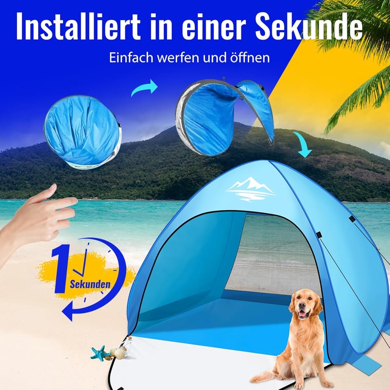 Purebox Pop Up Strand Sátor 3-4 Személyes, UPF 50+ UV Védelemmel, Automatikus Hordozható Napvédő, Kempingezéshez, Családi Kiránduláshoz, Ker