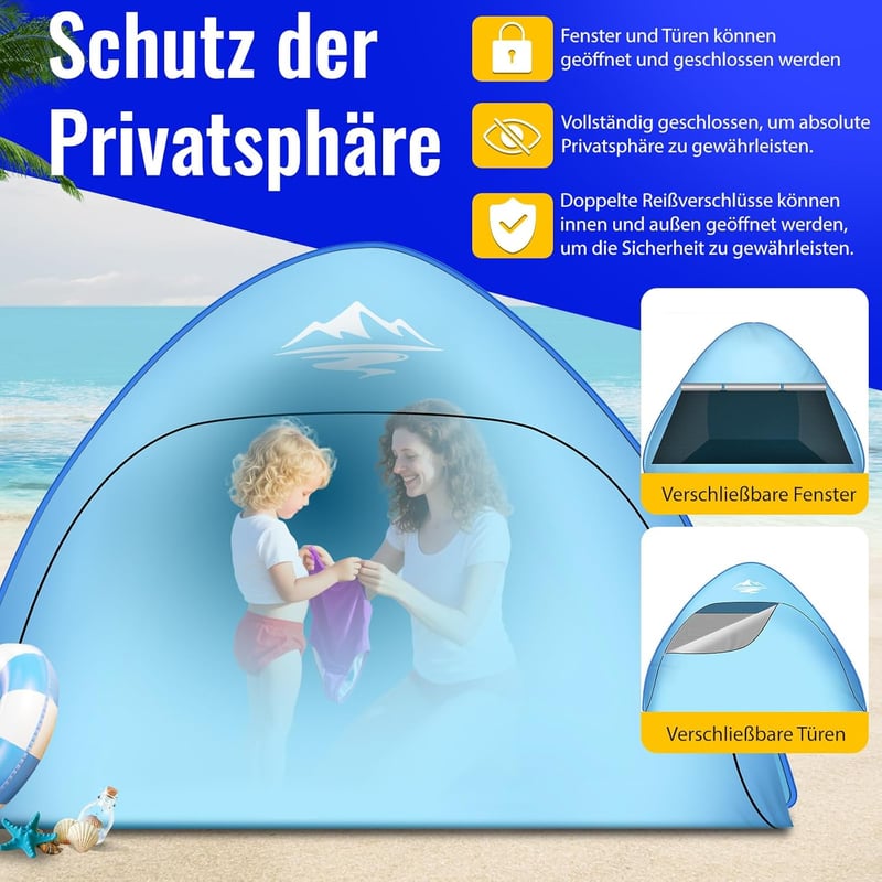 Purebox Pop Up Strand Sátor 3-4 Személyes, UPF 50+ UV Védelemmel, Automatikus Hordozható Napvédő, Kempingezéshez, Családi Kiránduláshoz, Ker