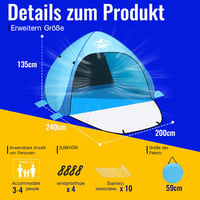 Purebox Pop Up Strand Sátor 3-4 Személyes, UPF 50+ UV Védelemmel, Automatikus Hordozható Napvédő, Kempingezéshez, Családi Kiránduláshoz, Ker 2