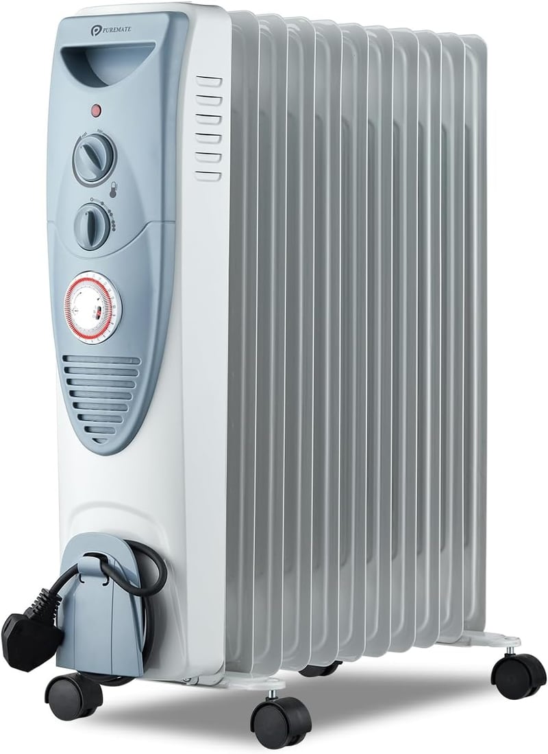 PureMate 2500 W olajradiátor 11 bordával szürke elektromos fűtőradiátor beépített időzítővel 3 fokozat termosztáttal biztonsági burkolattal