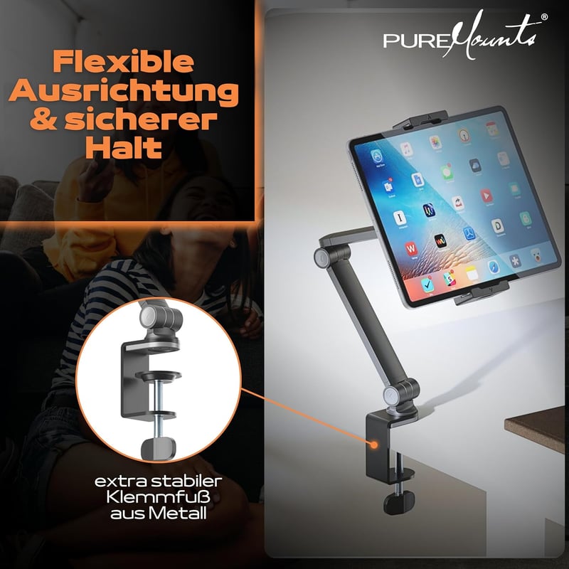 PureMounts Tablet Asztali Tartó 4.7-12.9" 360° Forgatható Silikonpárnás Fekete - Tablet desk mount