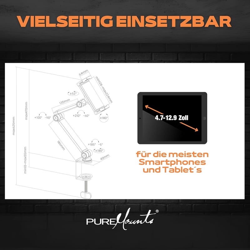 PureMounts Tablet Asztali Tartó 4.7-12.9" 360° Forgatható Silikonpárnás Fekete - Tablet desk mount