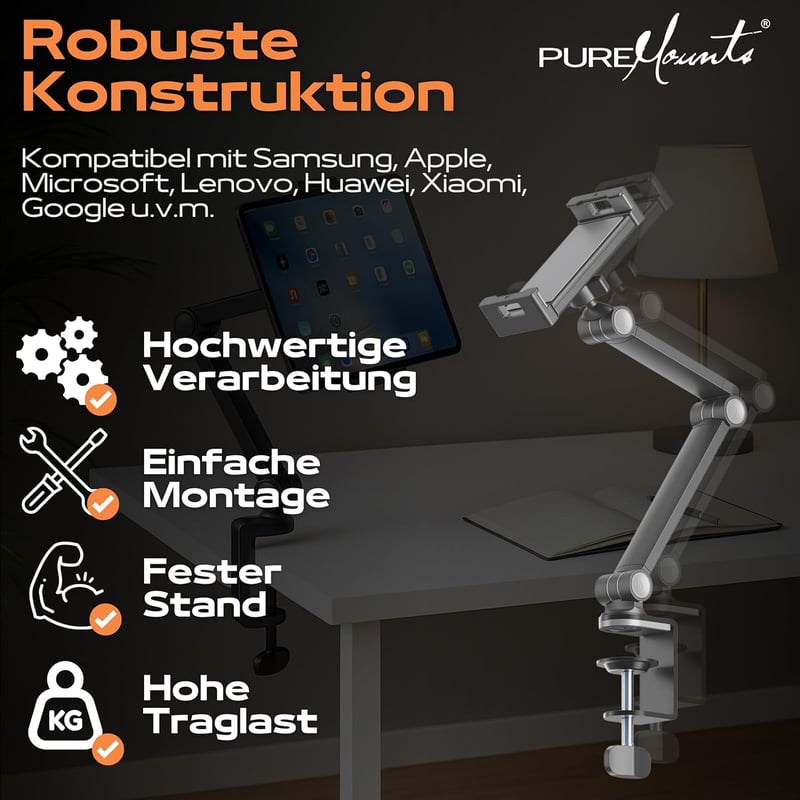 PureMounts Tablet Asztali Tartó 4.7-12.9" 360° Forgatható Silikonpárnás Fekete - Tablet desk mount
