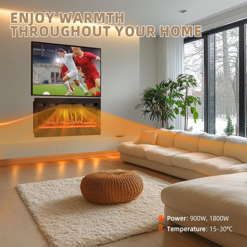 PURFINO 36"/92cm Električni kamin crni – 12 boja LED plamena i zvuk pucketanja, grijanje 900W/1500W, termostat 15-30°C, zaslon osjetljiv na dodir i daljinski upravljač