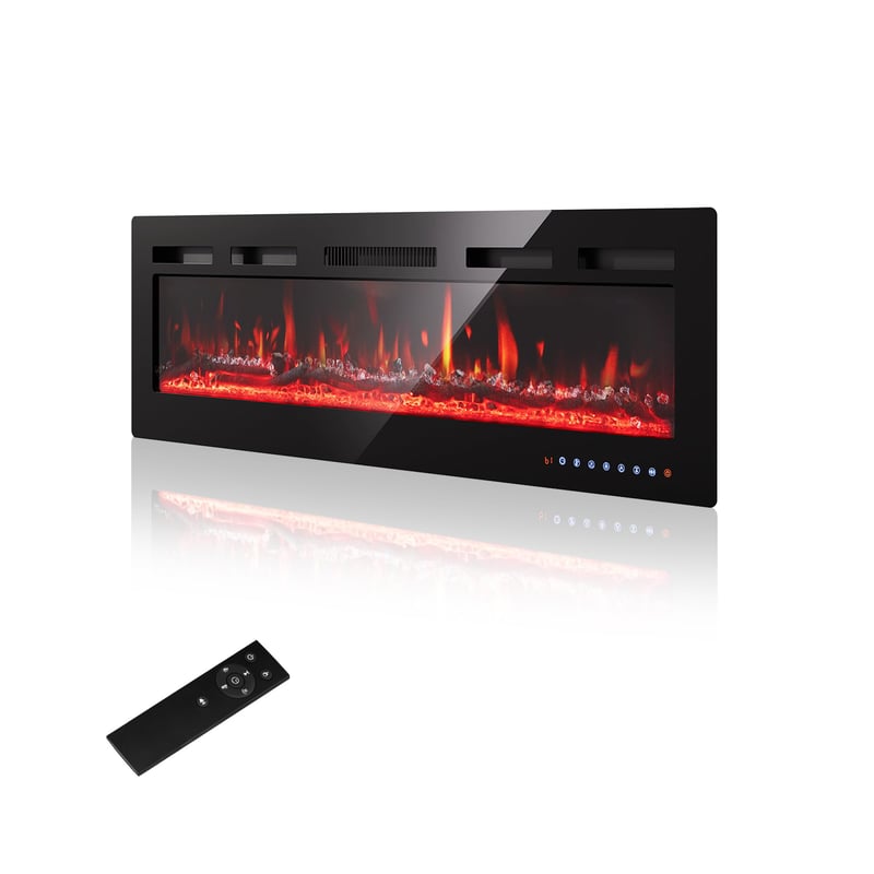 PURFINO 36"/92 cm Elektrický krb čierny – 12-farebný LED plameň a praskajúci zvuk, vykurovanie 900 W/1500 W, termostat 15–30 °C, dotyková obrazovka a diaľkové ovládanie