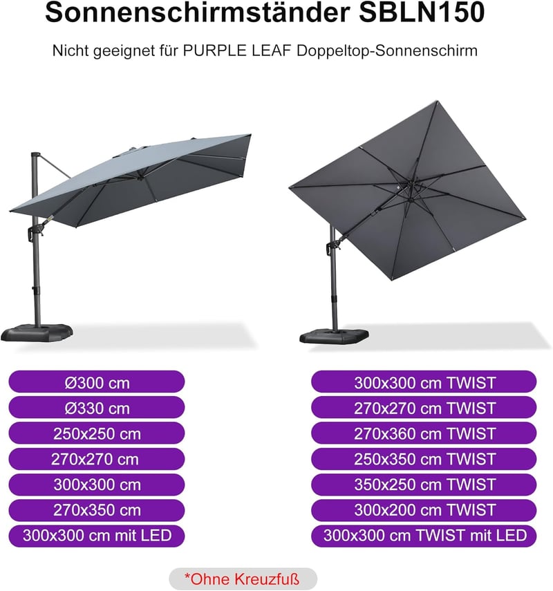 PURPLE LEAF SBLN150 Napernyőtartó 150 kg Terhelhetőség Vízzel vagy Homokkal Tölthető