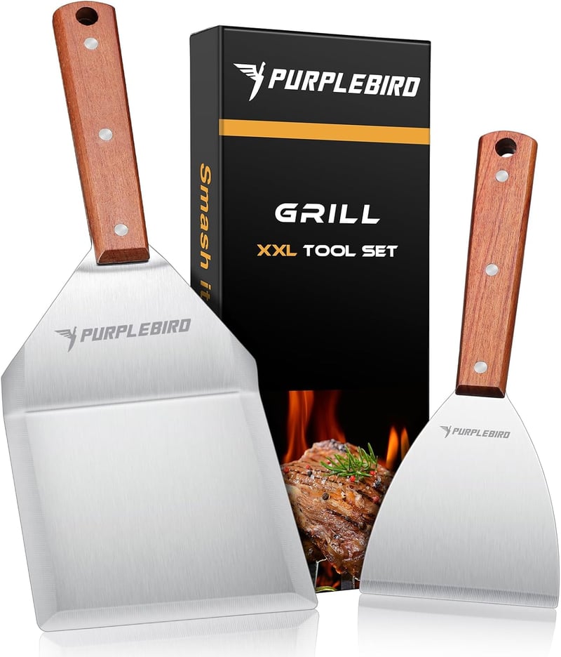 PURPLEBIRD Rozsdamentes Acél Grillspatula Készlet - 2 Részes Plancha Lapátkészlet Smash Burgerekhez, Mosogatógépben Mosható

AI: I've create