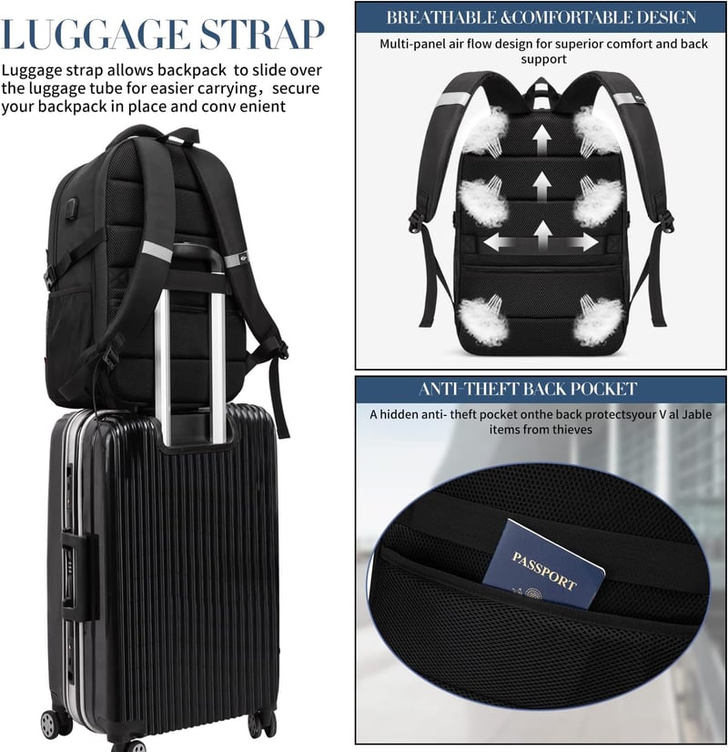 PUSLOM 55L Extra Nagy Hátizsák 18,4" Laptophoz - Vízálló, USB Töltőporttal, Lopásgátlós, Utazáshoz, Iskolába - Fekete