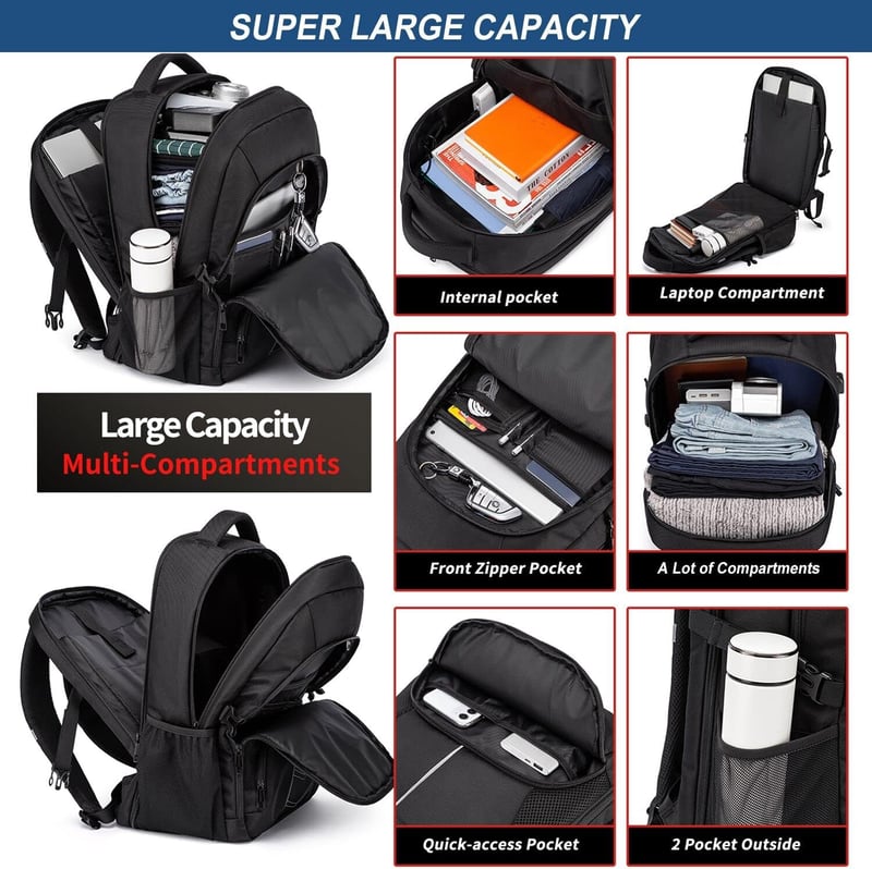 PUSLOM 55L Extra Nagy Hátizsák 18,4" Laptophoz - Vízálló, USB Töltőporttal, Lopásgátlós, Utazáshoz, Iskolába - Fekete