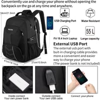 PUSLOM 55L Extra Nagy Hátizsák 18,4" Laptophoz - Vízálló, USB Töltőporttal, Lopásgátlós, Utazáshoz, Iskolába - Fekete 2