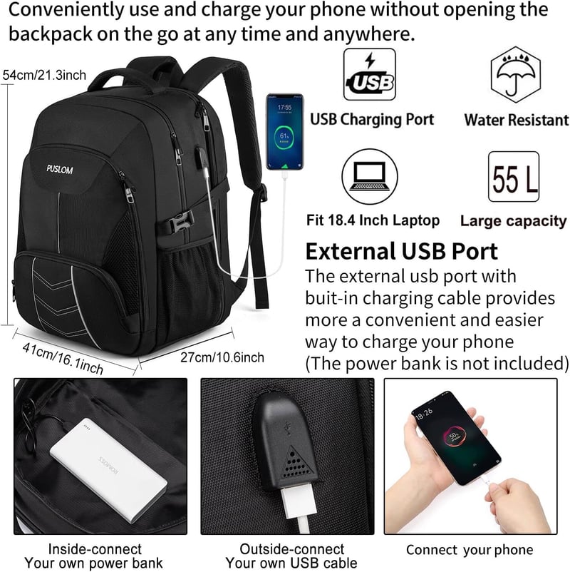 PUSLOM 55L Extra Nagy Hátizsák 18,4" Laptophoz - Vízálló, USB Töltőporttal, Lopásgátlós, Utazáshoz, Iskolába - Fekete