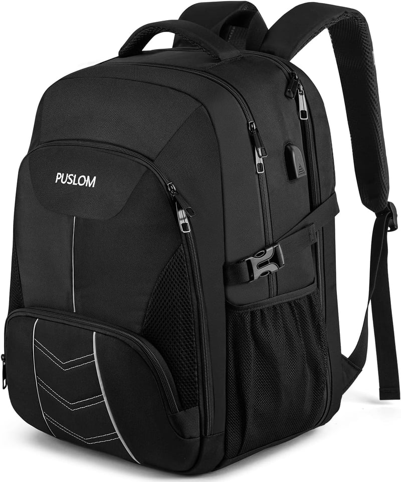 PUSLOM 55L Extra Nagy Hátizsák 18,4" Laptophoz - Vízálló, USB Töltőporttal, Lopásgátlós, Utazáshoz, Iskolába - Fekete