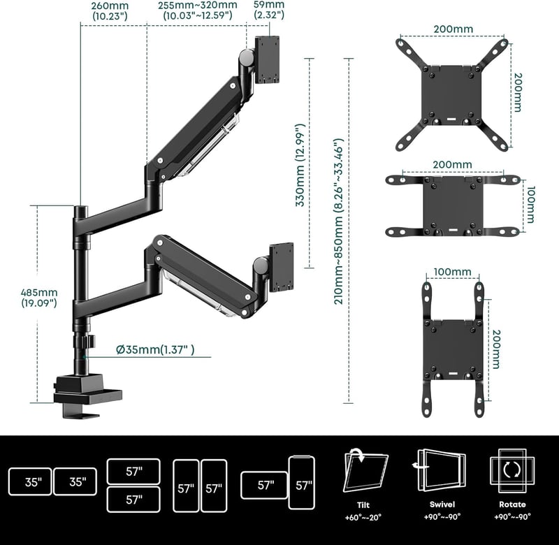 Putilsen Mount Dual Monitor Tartó 24-57" Gázrugós Állvány Magasságállítható