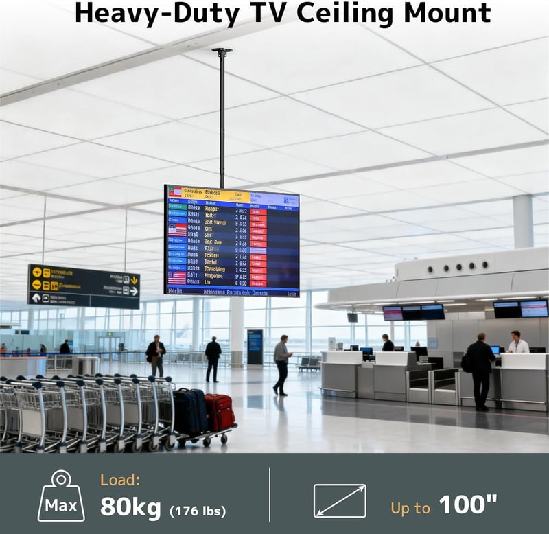 Putilsen Mount mennyezeti TV tartó 50-100 hüvelyk sík és ívelt készülékekhez 80 kg-ig, 360 fordítható dönthető, magasság 1090-2100 mm, VESA