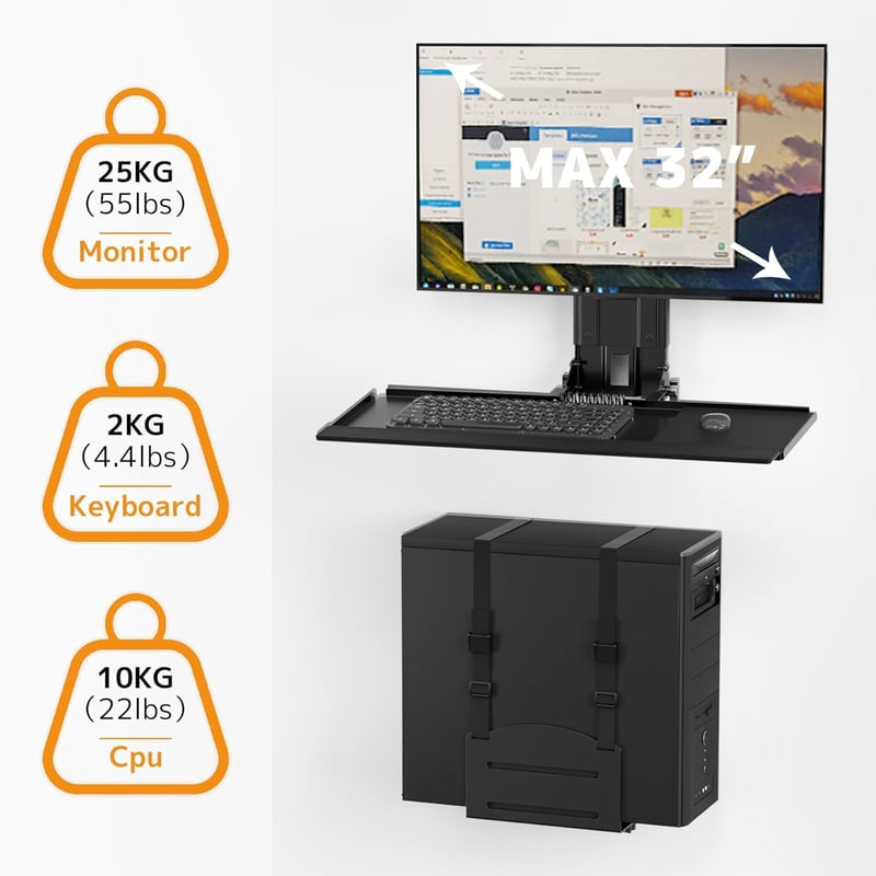 PUTORSEN 3 az 1-ben monitor fali tartó billentyűzet polccal és CPU tartóval 32"