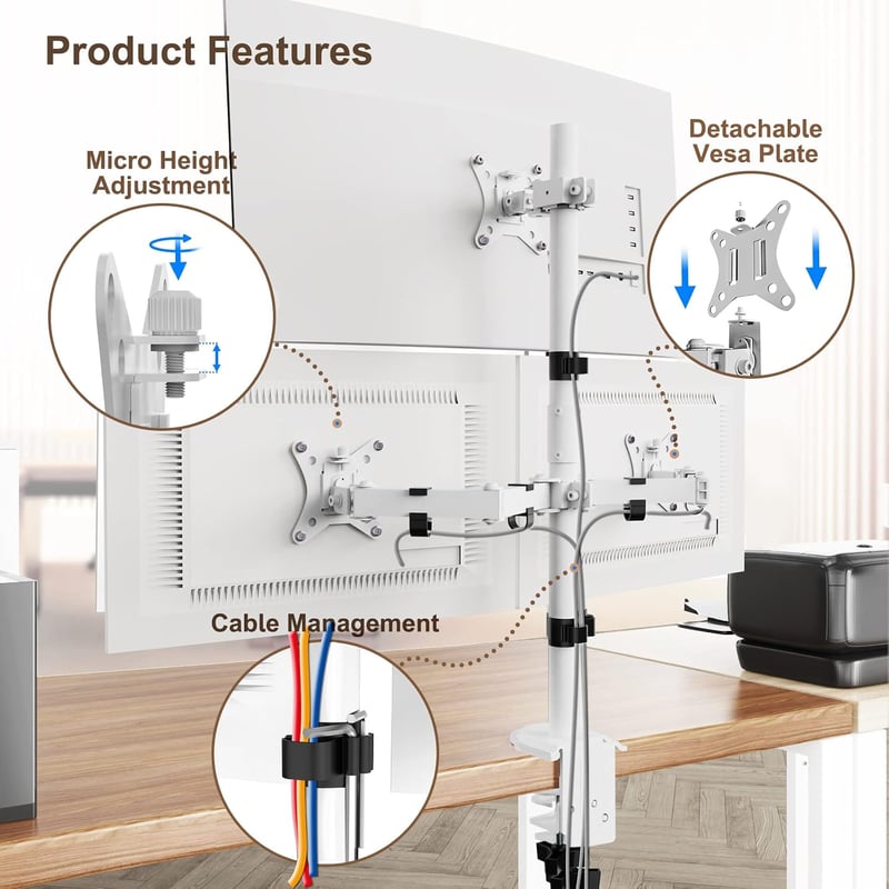 PUTORSEN 3 monitoros asztali tartó 13-32" görbült képernyőhöz, 80cm rúd, dönthető, magasságállítható, fehér