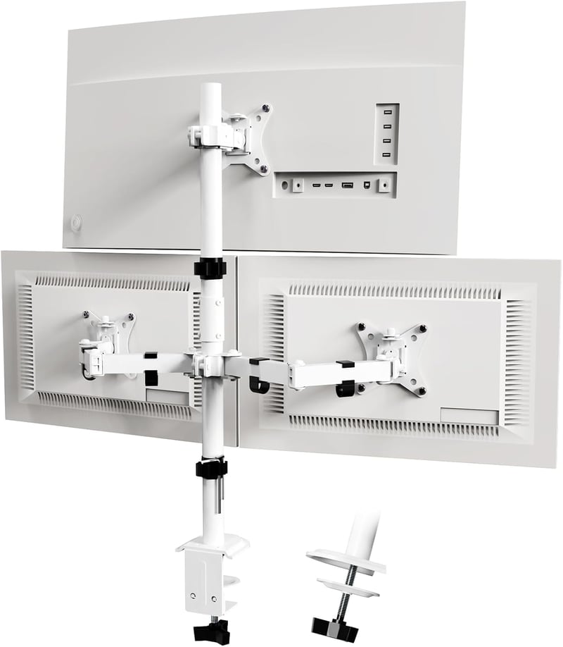 PUTORSEN 3 monitoros asztali tartó 13-32" görbült képernyőhöz, 80cm rúd, dönthető, magasságállítható, fehér