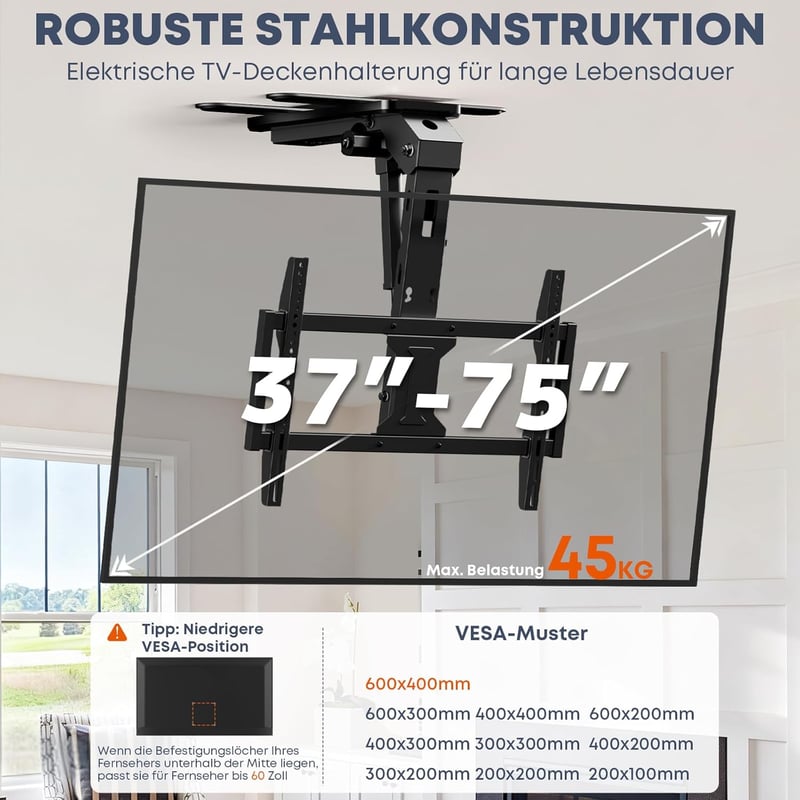 PUTORSEN elektromos TV mennyezeti tartó 37-75 hüvelykhez, dönthető és kihajtható, távirányítóval, max 45 kg, fekete