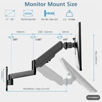 PUTORSEN Gázrugós Monitortartó Kar Falra - 13-34" Képernyőkhöz, 9kg Teherbírás, 360° Forgatható, VESA Kompatibilis, Állítható Magasság, Feke 2