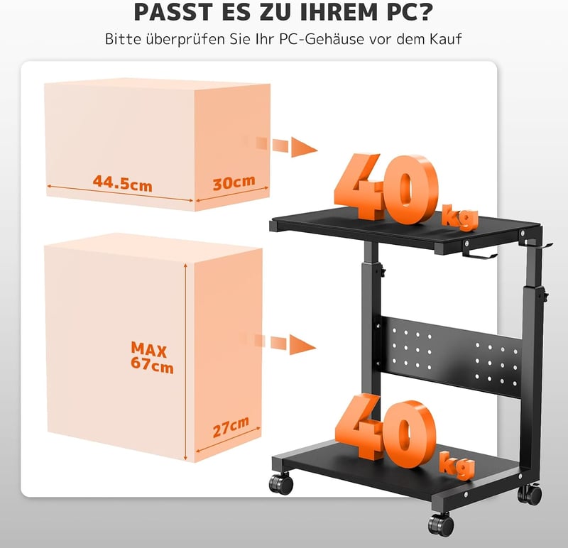 PUTORSEN Magasságállítható PC Torony Állvány 2 Szinttel, Görgős Számítógép Tartó