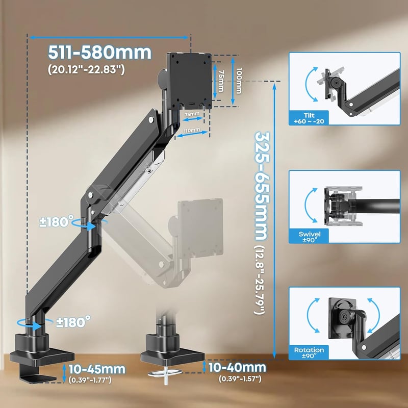 Putorsen Monitor Kar - Állítható Monitorállvány 5,68 kg Teherbírással, Ergonomikus Monitortartó Kar Asztali Rögzítéssel, 44 cm