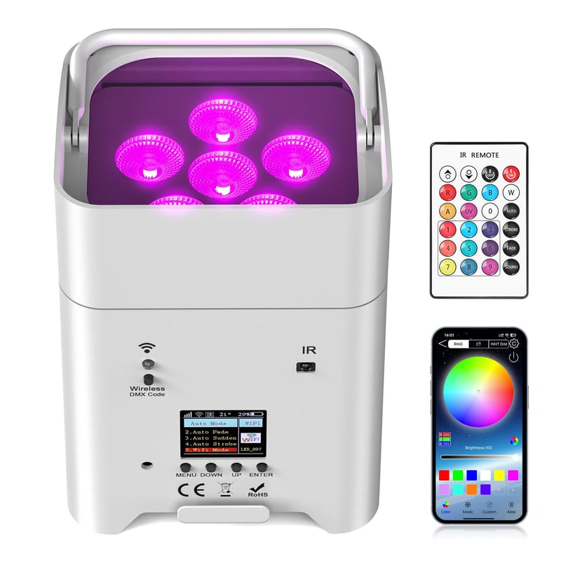 PUZILOZA 108W Akumulátorové LED Par svetlo RGBWA+UV biele, s diaľkovým ovládaním, ovládaním cez DMX a aplikáciu, osvetlenie na DJ párty, do baru, na svadbu, narodeniny a diskotéku
