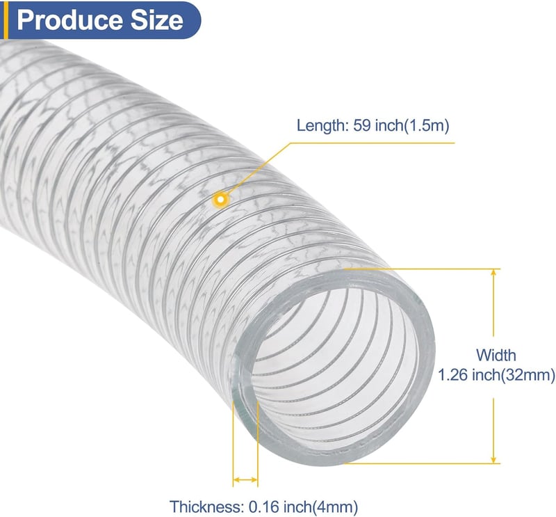 PVC Cső 32mm - Acélhuzallal Megerősített Vegyszerálló Flexibilis Vinil Cső Nagy Nyomású Átlátszó Szívócső 1,5m