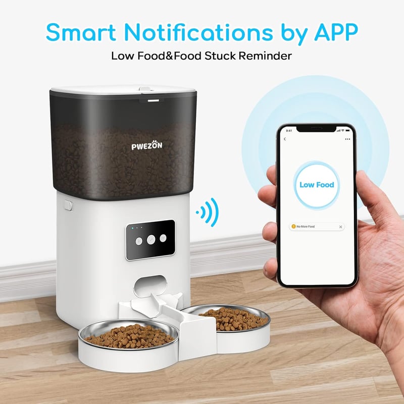 PWEZON Intelligens WiFi Dupla Macskaeledel Adagoló 2 Tálcával, 6L Automata Etető App Vezérléssel