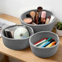 PWGHWG set od 3 pletene pamučne košare za odlaganje, okrugle košare za organizaciju koje se slažu jedna u drugu, za spavaću i dnevnu sobu, 24x10 cm, sive 5