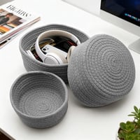 PWGHWG set od 3 pletene pamučne košare za odlaganje, okrugle košare za organizaciju koje se slažu jedna u drugu, za spavaću i dnevnu sobu, 24x10 cm, sive 4