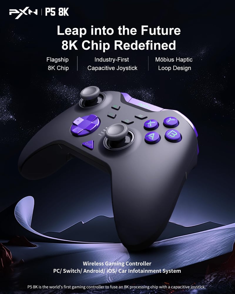 PXN P5 8K Vezeték Nélküli Kontroller - 2.4G, 8K-Chip, 2000Hz, Kapacitív Joystick, Hall-Trigger, Turbó és Makró Funkció PC/Switch/Steam Deck/