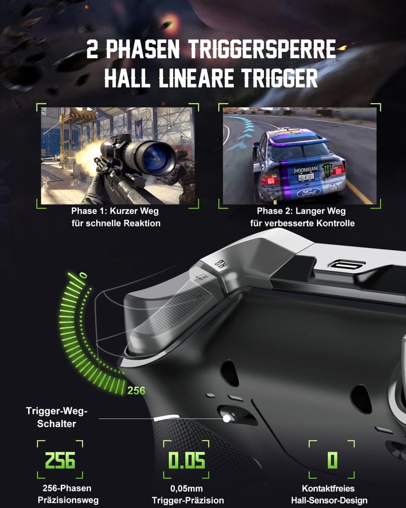 PXN P5 Vezeték Nélküli Gamer Kontroller - Hall Effekt Joystick, 4 Makró Gomb, 1000Hz Válaszidő, PC/Switch/Android/iOS Kompatibilitás, Gyrosc