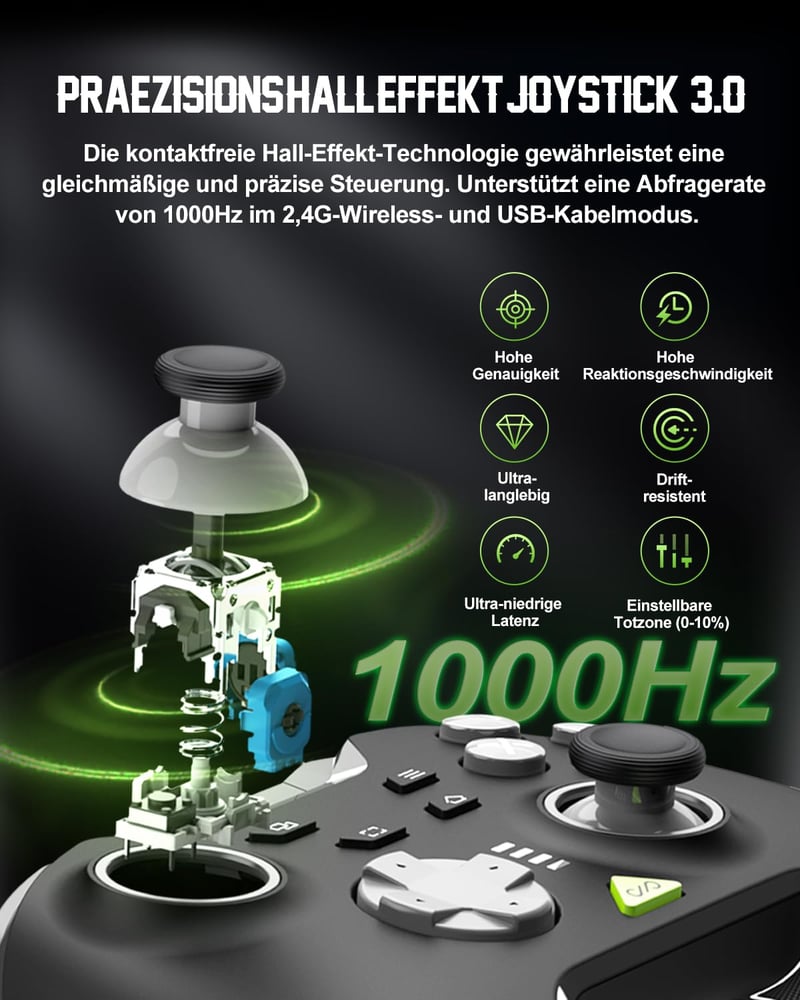 PXN P5 Vezeték Nélküli Gamer Kontroller - Hall Effekt Joystick, 4 Makró Gomb, 1000Hz Válaszidő, PC/Switch/Android/iOS Kompatibilitás, Gyrosc