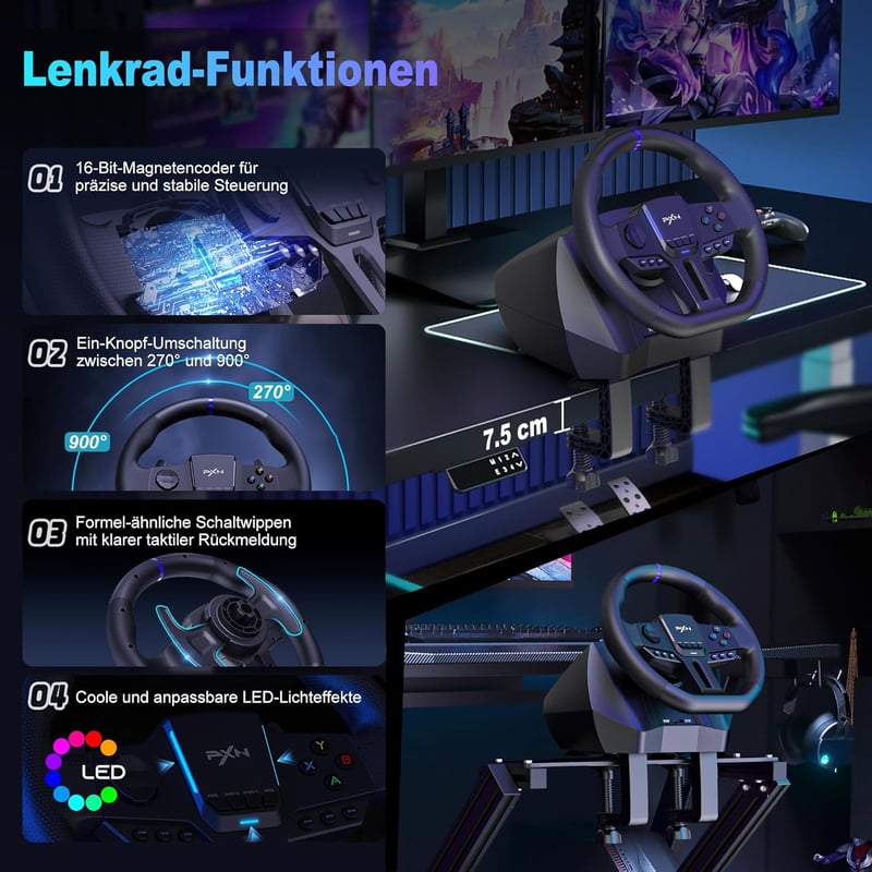 PXN V900 Gen2 Gaming Lenkrad PC 270°/900° vibráció Xbox PS4 Switch